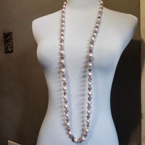 Long Pink Faux Pearl &‎ Faceted Purple Glass Bead Necklace Fashion Jewelry